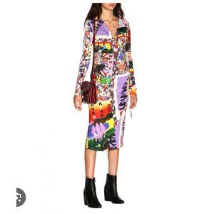 Pinko Dress Womens Medium Multi Color Graphic Print Long Sleeve Viscose Art MCM